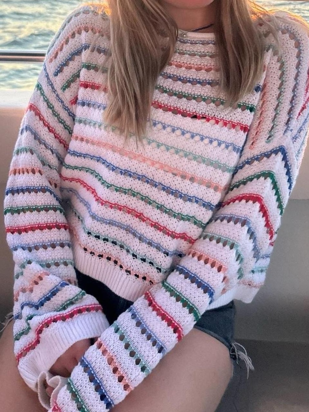 Hollister White Crochet Crewneck Sweater with Multicolor Stripes